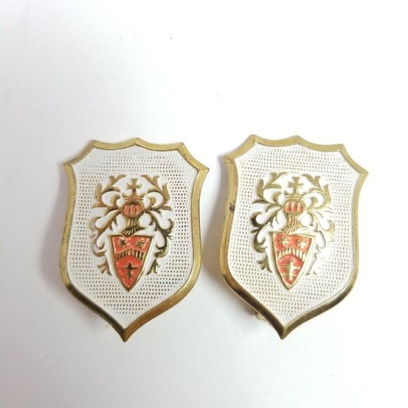 Vintage Family Crest Style Enamel Clip On Earrings, West Germany White Gold Tone - Picture 7 of 7